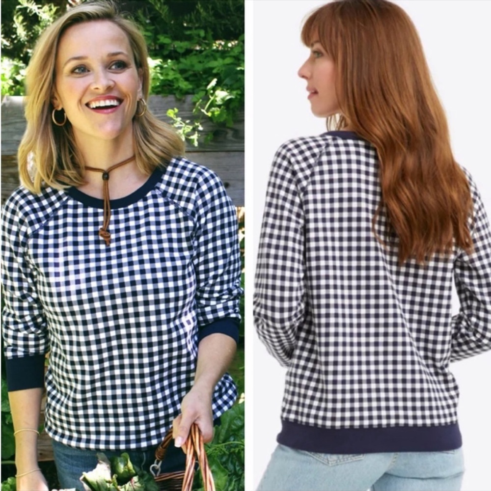 Draper James Natalie Crewneck Sweatshirt | Navy Gingham Check | Size Small NWOT